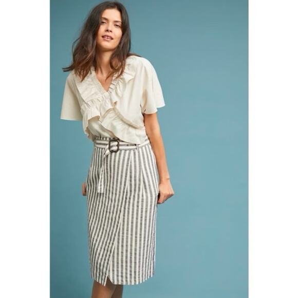 By Anthropologie White Navy Blue Striped Wrap Pencil Midi Skirt SZ 4 - Picture 1 of 10